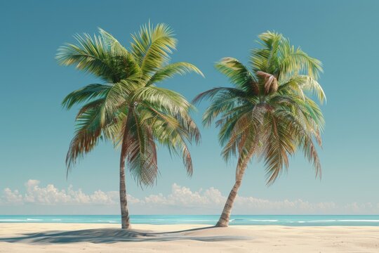 Two palm trees on a beach with the ocean in front of them. Generative AI.