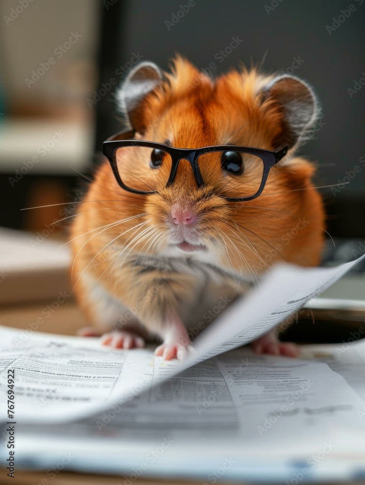 Wall mural A hamster wearing glasses and sitting on a desk with papers. Generative AI.