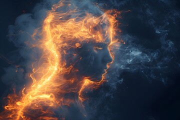 Womans Face Engulfed in Flames and Smoke - obrazy, fototapety, plakaty