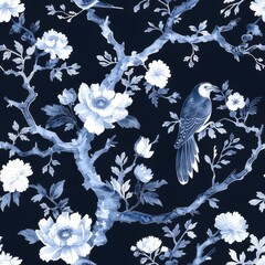 Watercolor Seamless pattern with blue and white