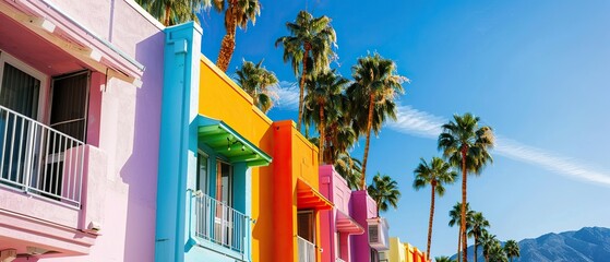 A row of colorful buildings with palm trees in front of them. The buildings are painted in different colors, creating a vibrant and lively atmosphere