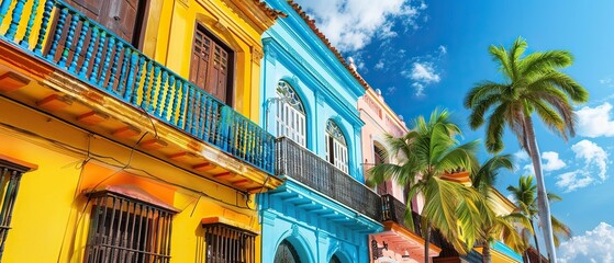 A colorful street scene with a palm tree in the background. The buildings are painted in different colors, creating a vibrant and lively atmosphere