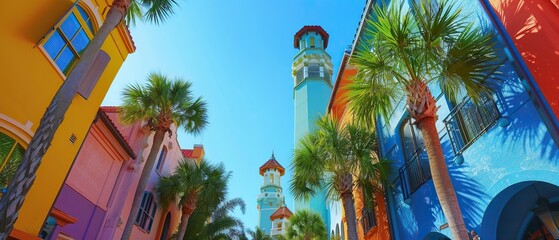 A colorful street with a tall tower in the middle. The street is lined with palm trees and the buildings are painted in different colors - obrazy, fototapety, plakaty
