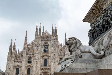 The historical Duomo Square, Piazza del Duomo in the center of Milan, Italy - 767695343