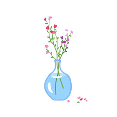 Wildlowers in glass vase. Spring floral plant, field bloom, cut meadow stems in jug. Delicate fragile summer flowers, simple wild herbs isolated on white background. Flat vector illustration