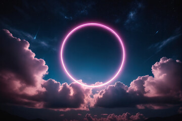 Abstract cloud illuminated with pink and blue neon light ring on dark night sky. Glowing geometric shape, round frame