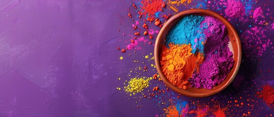 A bowl of colorful powder is on a purple background. The bowl is filled with a variety of colors, including red, yellow, and blue. Concept of creativity and playfulness, as the colors are bright