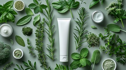 Sleek skincare tube beside a selection of herbs high in glutathione, mockup for detoxifying herbal cosmetics - obrazy, fototapety, plakaty