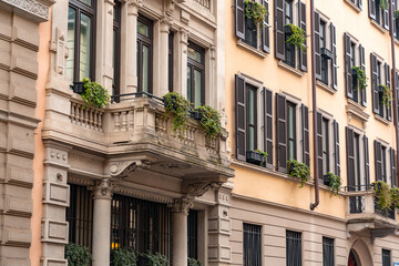 Typical Italian buildings and street view in Milan, Italy