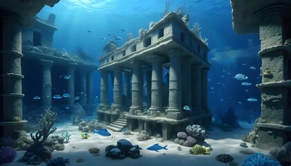 View of archeological underwater building ruins with marine life and fish