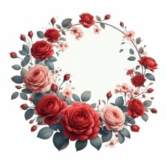 Fototapeta na wymiar Floral Round Frame with Red Rose Flowers for Mother's Day, Women's Day, and Valentine's Day on White Background