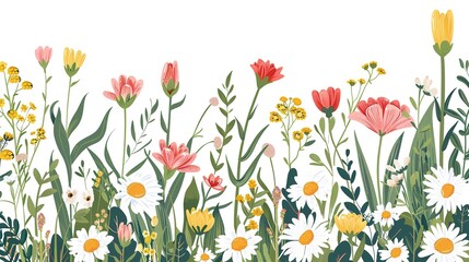 A colorful field of flowers with a white background. The flowers are arranged in a way that creates a sense of movement and depth. Scene is cheerful and uplifting