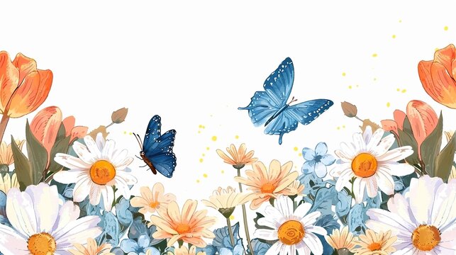 A painting of a field of flowers with two butterflies flying through it. The mood of the painting is peaceful and serene