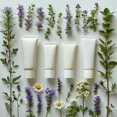 Neutral cosmetic tube mockup alongside magnesium-rich herbs, a depiction of mineral-enriched skincare essentials