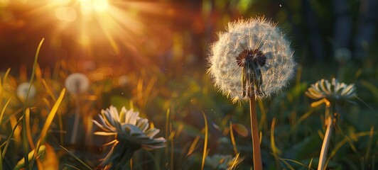 A dandelion is the main focus of the image, surrounded by other flowers in a field. The sun is shining brightly, creating a warm and inviting atmosphere. The dandelion is a symbol of hope - obrazy, fototapety, plakaty