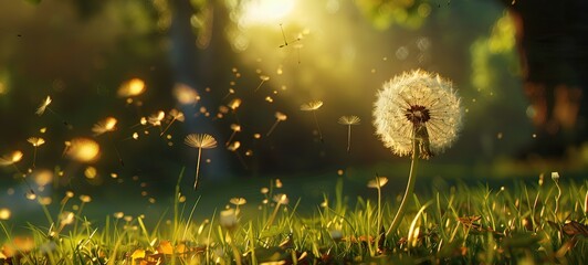 A dandelion is blowing in the wind in a field of grass. The scene is peaceful and serene, with the sun shining brightly overhead