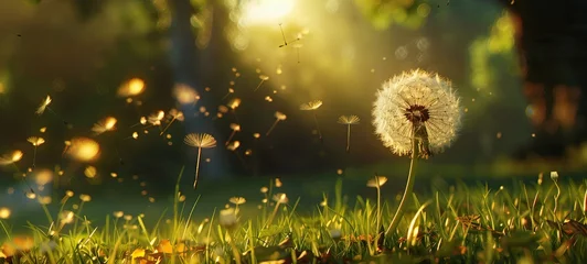 Fotobehang A dandelion is blowing in the wind in a field of grass. The scene is peaceful and serene, with the sun shining brightly overhead © Dawid