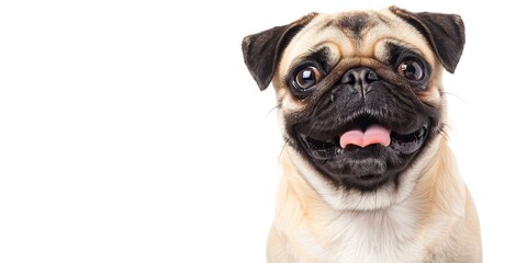 A pug dog is smiling and looking at the camera. The dog has a tongue sticking out and its eyes are wide open - obrazy, fototapety, plakaty