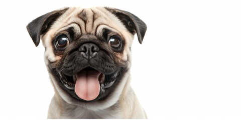 A pug dog is smiling and has its tongue out. The dog is looking at the camera and he is happy - obrazy, fototapety, plakaty