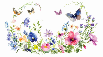 Fototapeta na wymiar Flowers in circle floral pattern with butterflies. 