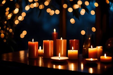 A cozy setting with LED candles as decor against a background, captured by an HD camera, the warm artificial glow and ambient atmosphere presented in realistic