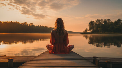 woman meditating on the lake at sunrise - 767697153
