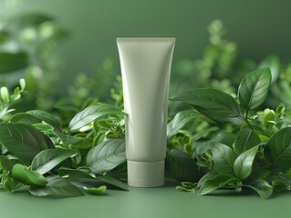 Mockup of an empty cosmetic tube with glycerin and herbal elements on the side, perfect for eco-friendly product lines - obrazy, fototapety, plakaty