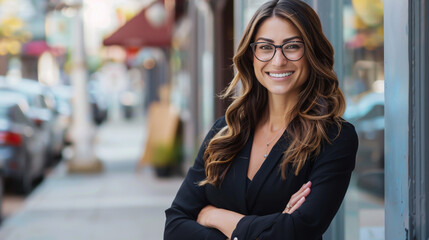 A confident female entrepreneur stands on the street, smiling with arms crossed