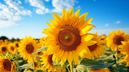Fototapeta premium Sunflower field with cloudy blue sky