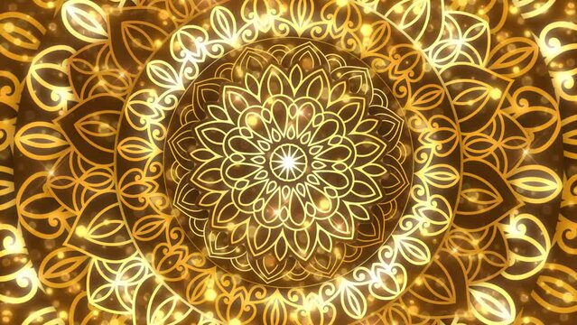 Gold and blue paper mandala ornament background looping smoothly, arabic islamic style for any purpose. Abstract digital gold color mandala footage. Floral vintage decorative element's oriental