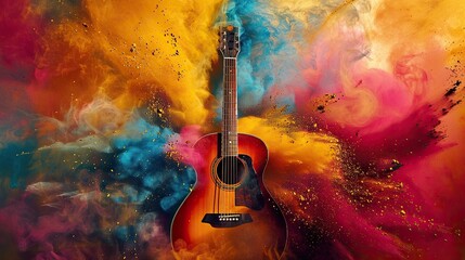Fototapeta na wymiar isolated guitar with colorful paint powder in the background. Creative rainbow music artwork