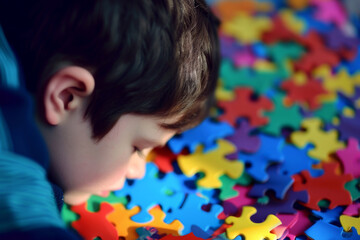 Sad little kid portrait with puzzles pieces background. World autism awareness day, neurodiversity, mental health care, education, child development