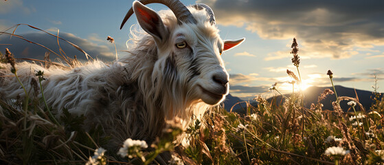 a goat that is standing in the grass - obrazy, fototapety, plakaty