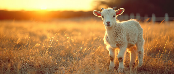 a small lamb standing in a field of tall grass