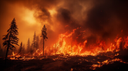 Flames engulf the forest. A raging wildfire engulfing a forest - obrazy, fototapety, plakaty