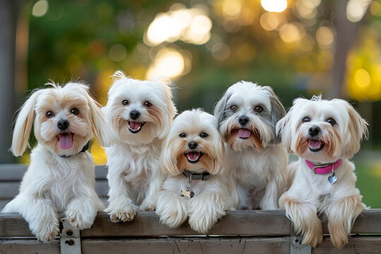 Four dogs are sitting on a bench, with one of them wearing a pink collar. The dogs are all smiling. four happy Maltese of different breeds standing on park bench, park in background