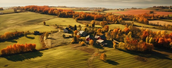 Aerial view of autumn landscape with farmhouses - obrazy, fototapety, plakaty