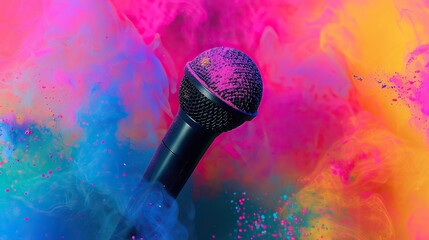microphone with colorful paint dust background. world music day banner concept