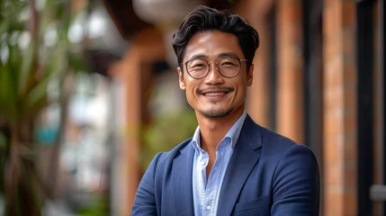 Foto op Canvas A man wearing glasses and a suit is smiling for the camera. He looks confident and well-dressed. a male real estate agent standing in front of a listed house, Taiwanese with black hair © Nataliia_Trushchenko