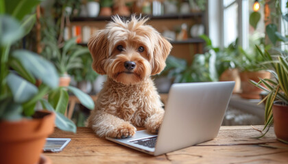 Close up of smart dog sitting and typing, working on laptop keyboard in bright interior of living room. Concept of freelance work at home, studying at home.