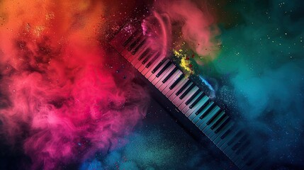 isolated keyboard piano with colorful paint powder in the background. Creative rainbow music artwork