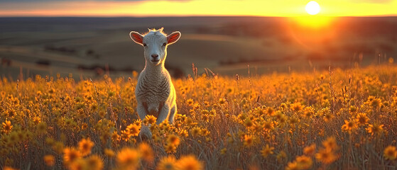 a sheep standing in a field of yellow flowers