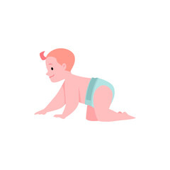 Cute lovely little baby in diaper, vector cartoon active baby learn to craw, first year of child, healthy boy girl baby