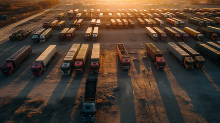 In a dusty delivery company yard, shadows cast by the trucks stretch out like elongated fingers as the last light of the day bathes the scene in a captivating blend.