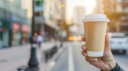 A person holding a coffee cup in a busy city street. The coffee cup is white and brown, and the person is holding it in their hand. The scene is bustling with activity, with cars