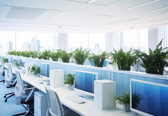 Modern Office Workspace with Plants and Cityscape View