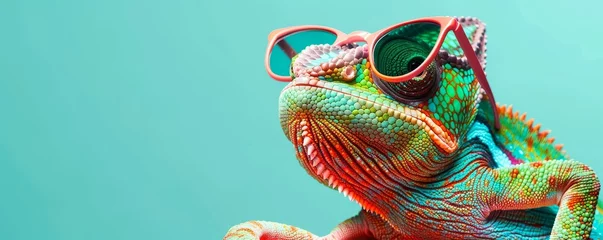Fotobehang Photo of A chameleon wearing sunglasses on green background, cute colorful animal character concept, copy space banner for advertising and marketing in advertising © ArtisanSamurai