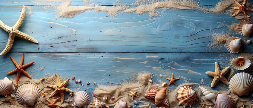 A blue background with a bunch of starfish and shells. The shells are scattered all over the background and the starfish are placed in the middle. The image has a beachy and relaxing vibe