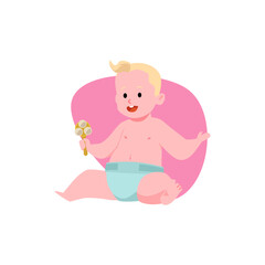 Happy blonde baby boy in diaper holding rattle flat style, vector illustration