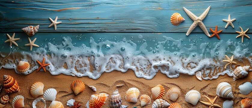 A beach scene with a large number of starfish and shells. Concept of abundance and natural beauty